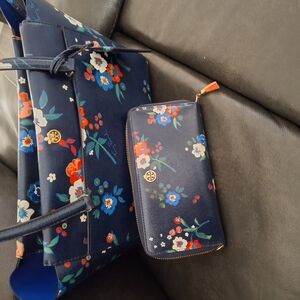 Tory Burch Floral Navy Tote and Wallet Set